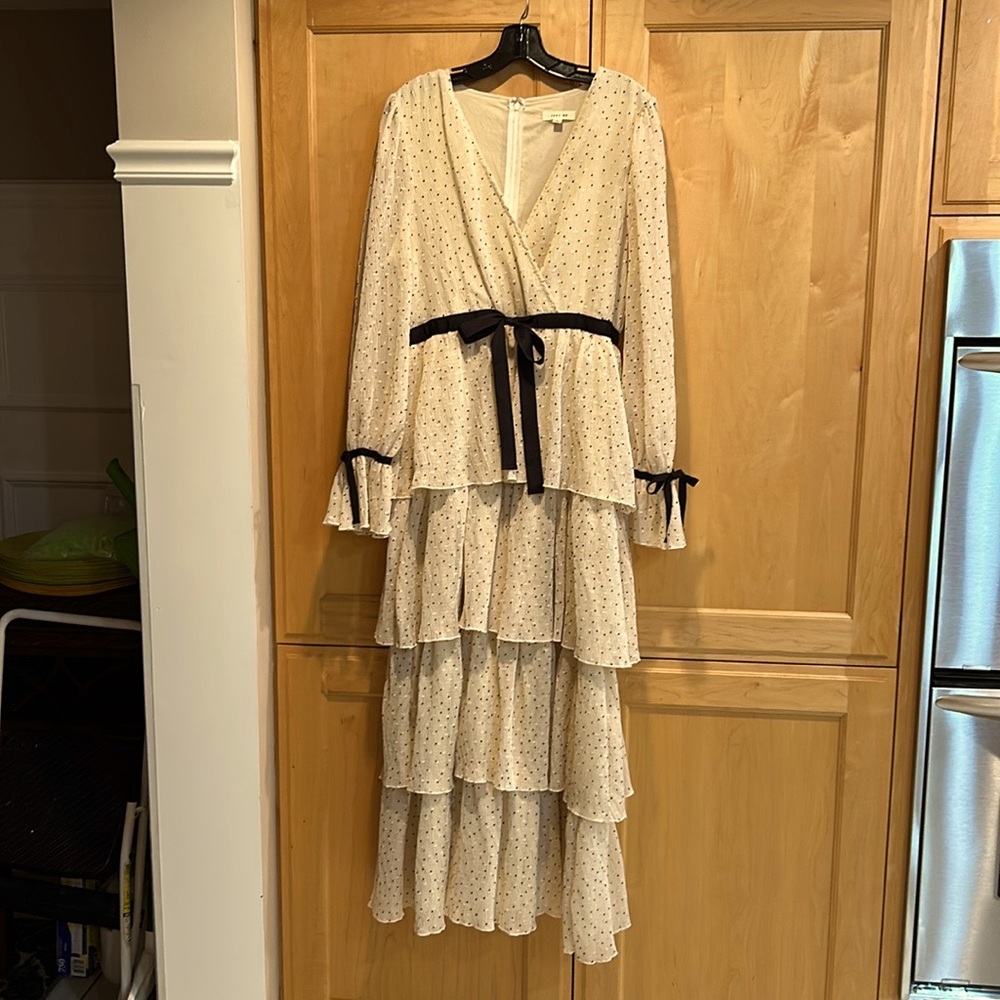 Elegant Cream Polka Dot Dress with Black Accents and Ruffles, light & airy!